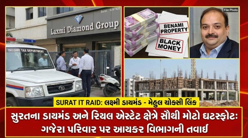 સુરતના જાણીતા Laxmi Diamond Group અને ગજેરા પરિવાર પર Income Tax Department ના દરોડા. Real Estate અને હીરા ઉદ્યોગમાં Benami Transactions અને Mehul Choksi સાથેના Hawala કૌભાંડનો પર્દાફાશ. વાંચો સંપૂર્ણ અહેવાલ.