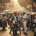 A cinematic AI-generated photo of a busy Ahmedabad street during sunset. A traffic police officer in a white uniform is issuing a ticket to a young male motorcyclist. The background is crowded with yellow auto-rickshaws and bikes. A 'No Parking' sign is visible above. The lighting is warm and golden, highlighting the chaotic urban traffic scene.