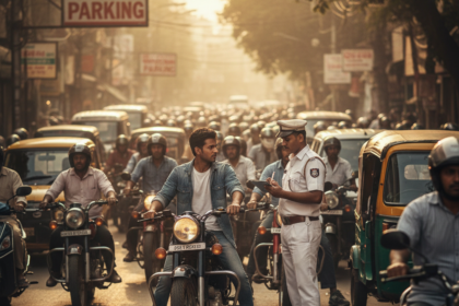 A cinematic AI-generated photo of a busy Ahmedabad street during sunset. A traffic police officer in a white uniform is issuing a ticket to a young male motorcyclist. The background is crowded with yellow auto-rickshaws and bikes. A 'No Parking' sign is visible above. The lighting is warm and golden, highlighting the chaotic urban traffic scene.