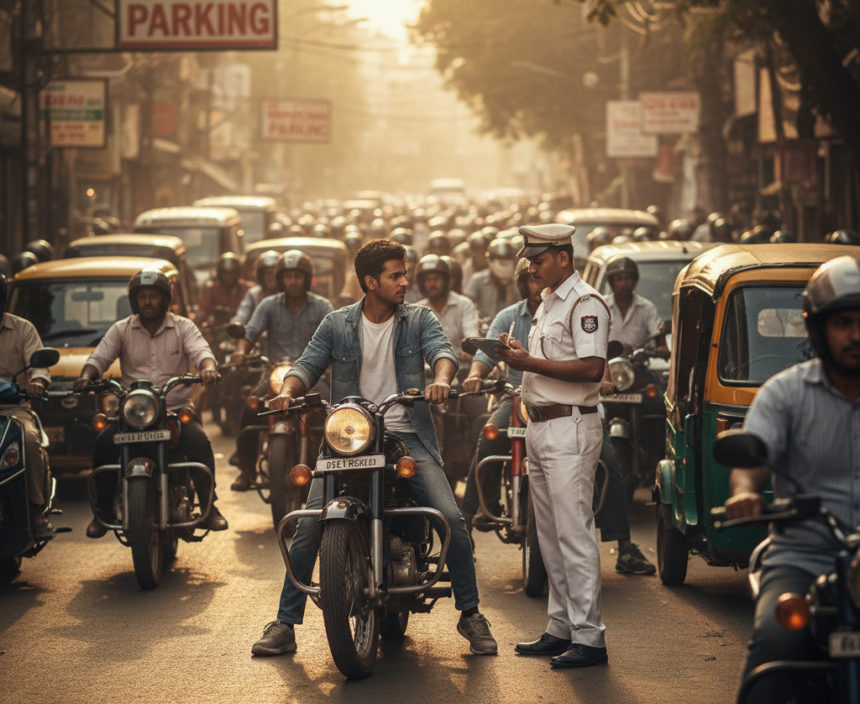 A cinematic AI-generated photo of a busy Ahmedabad street during sunset. A traffic police officer in a white uniform is issuing a ticket to a young male motorcyclist. The background is crowded with yellow auto-rickshaws and bikes. A 'No Parking' sign is visible above. The lighting is warm and golden, highlighting the chaotic urban traffic scene.
