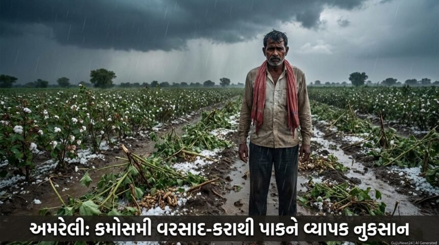 અમરેલીમાં કમોસમી વરસાદ અને કરાનો કહેર: ખેડૂતોના ઊભા પાકને વ્યાપક નુકસાન, સરકારી સહાયની માંગ તેજ | Amreli Unseasonal Rain Devastates Crops
