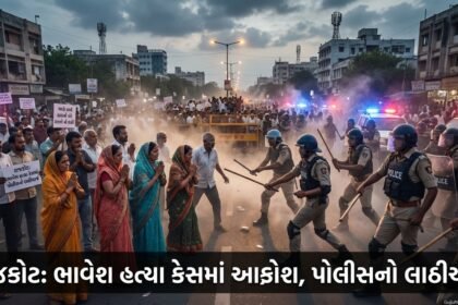 રાજકોટમાં યુવકની ઘાતકી હત્યાથી ખળભળાટ: ભાવેશ વાણવી હત્યા કેસમાં સમાજના આક્રોશ વચ્ચે પોલીસનો લાઠીચાર્જ