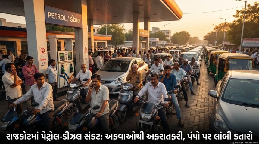 રાજકોટમાં પેટ્રોલ-ડીઝલ સંકટ: અફવાઓથી સર્જાયો અફરાતફરીનો માહોલ, પંપો પર વાહનોની લાંબી કતારો | Rajkot Fuel Crisis