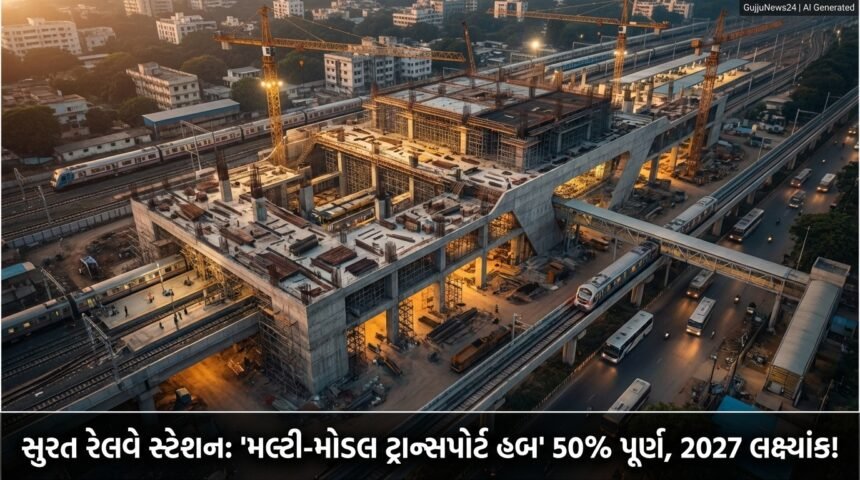 સુરત રેલવે સ્ટેશન 'મલ્ટી-મોડલ ટ્રાન્સપોર્ટ હબ' તરીકે આકાર લઈ રહ્યું છે: ઐતિહાસિક પ્રોજેક્ટ 50% પૂર્ણ, 2027 સુધીમાં પૂર્ણ કરવાનો લક્ષ્યાંક!